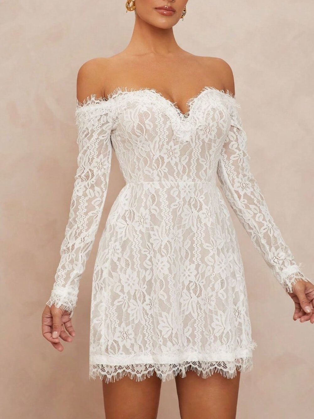 White Elegant Women's Slim Fit Off The Shoulder Mini Dress - Picture 3 of 7